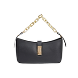 Black Flap Handbag with Twist Lock Closure and Chain Handle